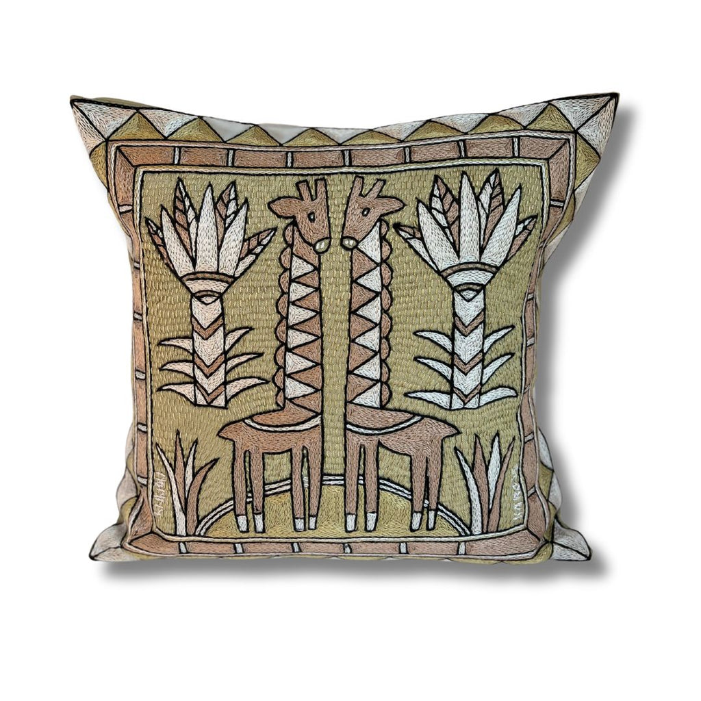 Scatterling of Africa Giraffe Brothers Hand-Embroidered Cushion Cover