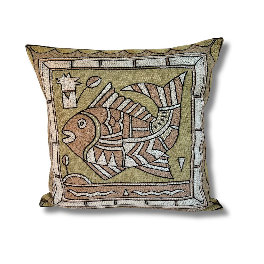 Scatterling of Africa Fat Fish Hand-Embroidered Cushion Cover