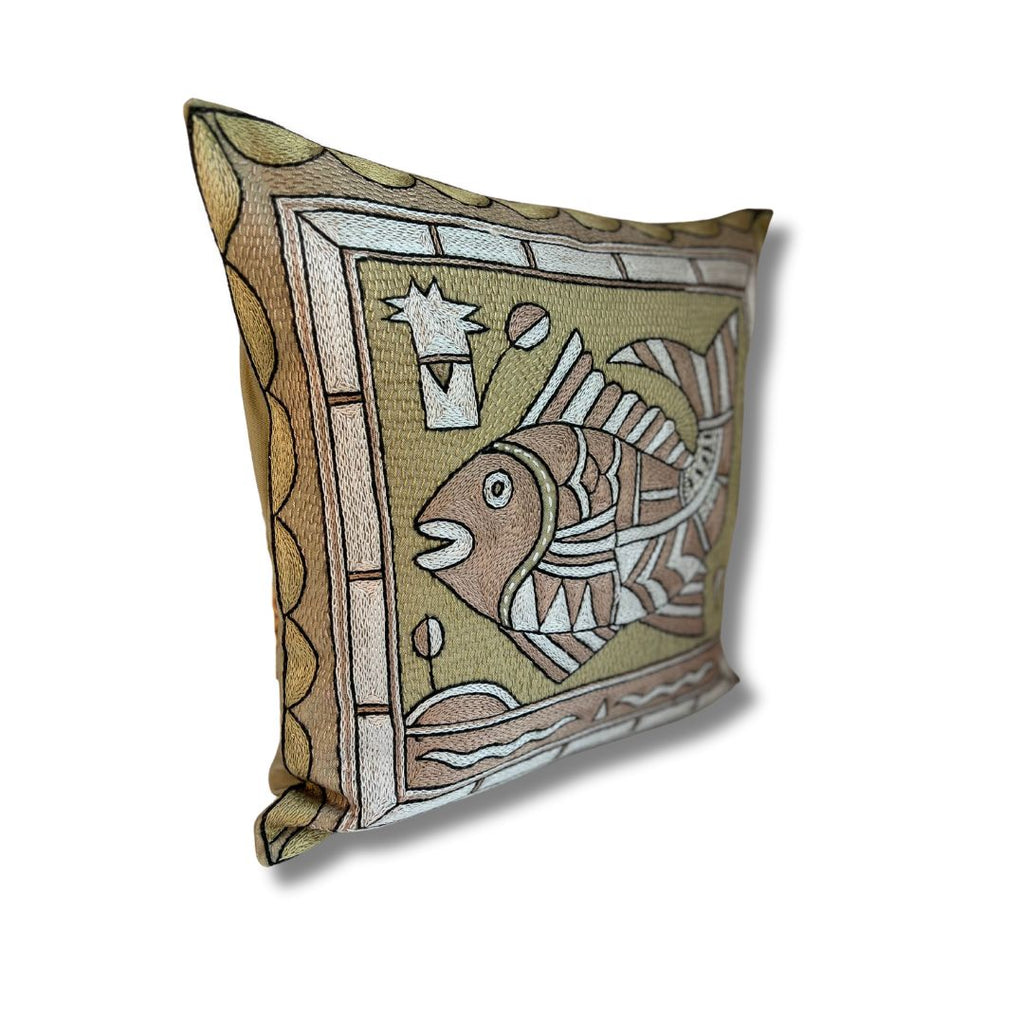 Scatterling of Africa Fat Fish Hand-Embroidered Cushion Cover
