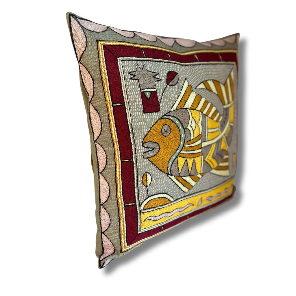 African Dawn Fat Fish Hand-Embroidered Cushion Cover