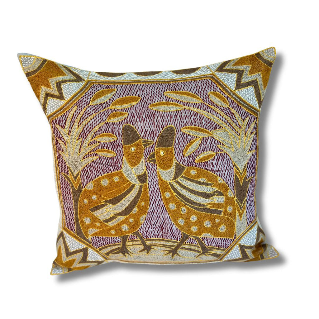 African Dawn Guineafowl Hand-Embroidered Cushion Cover