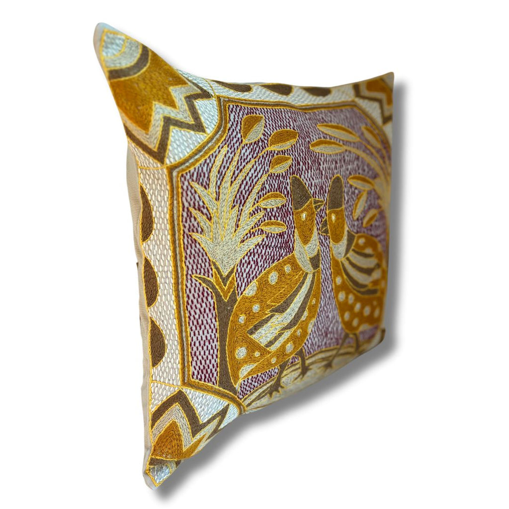 African Dawn Guineafowl Hand-Embroidered Cushion Cover