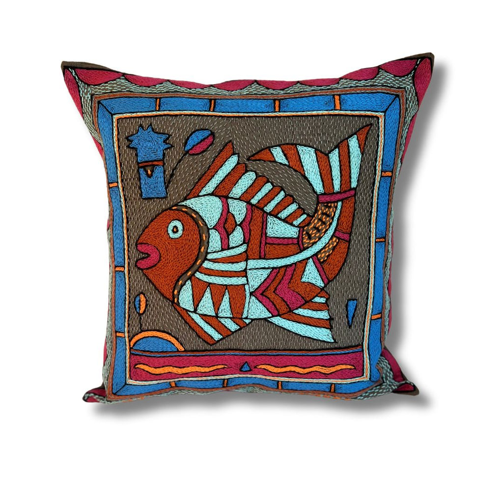 Bougainvillea Fat Fish Hand-Embroidered Cushion Cover