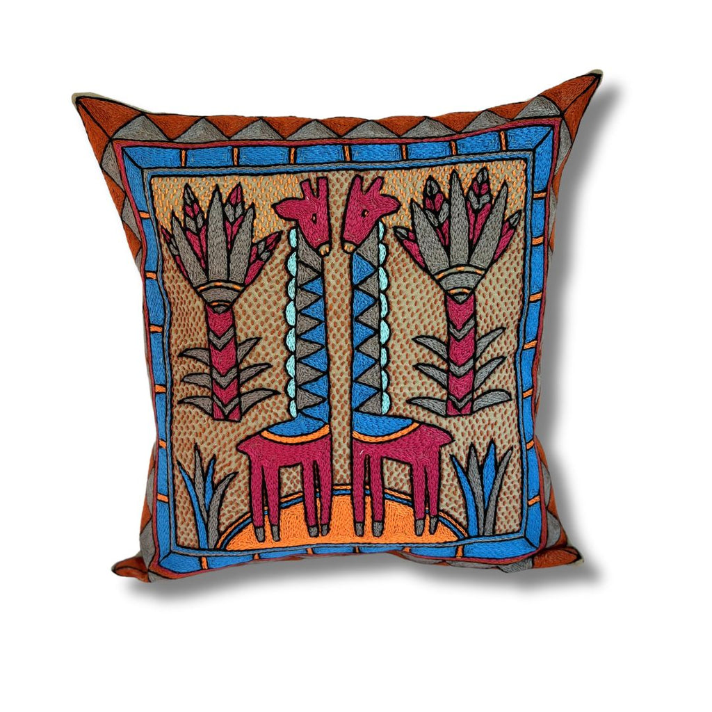 Bougainvillea Giraffe Brothers Hand-Embroidered Cushion Cover