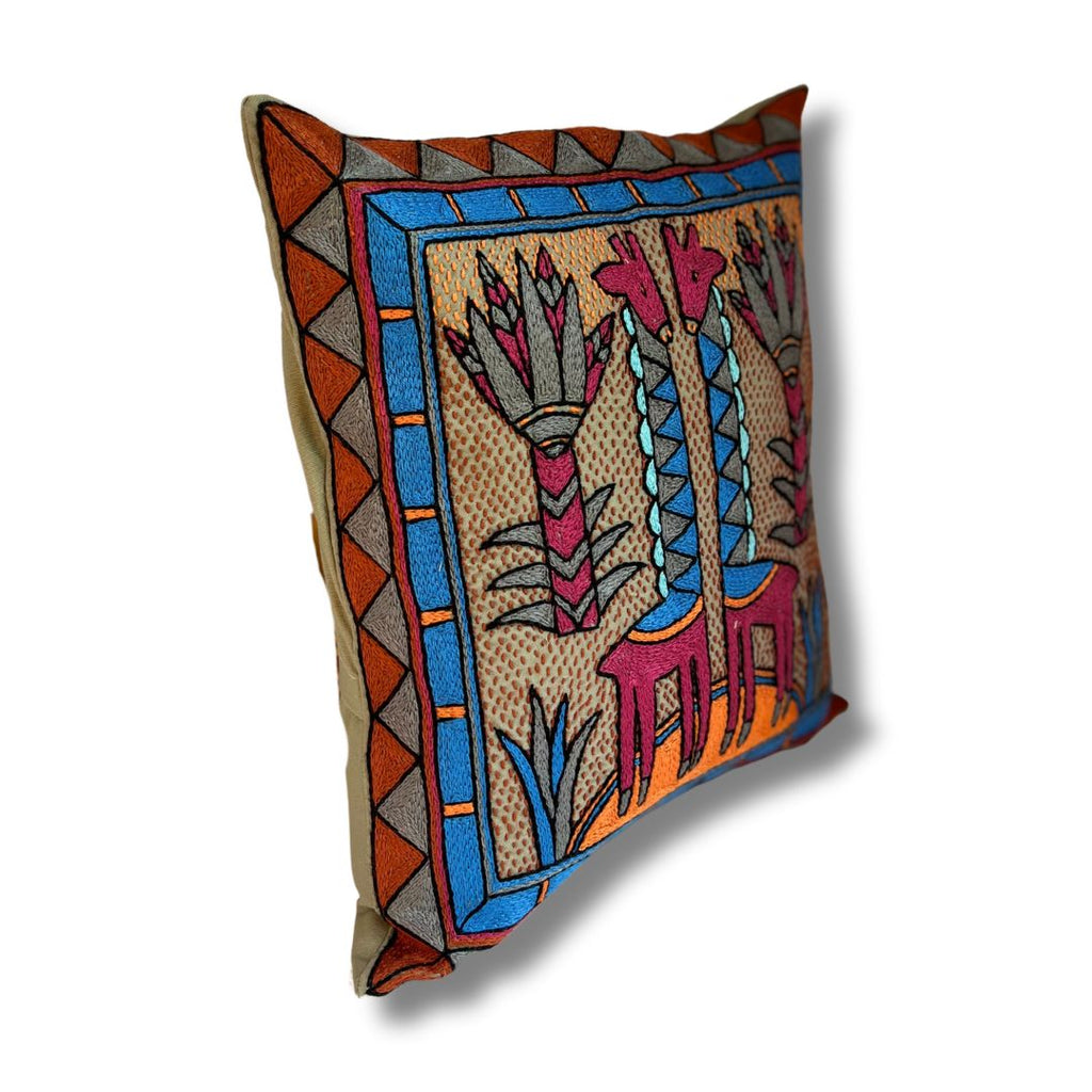 Bougainvillea Giraffe Brothers Hand-Embroidered Cushion Cover