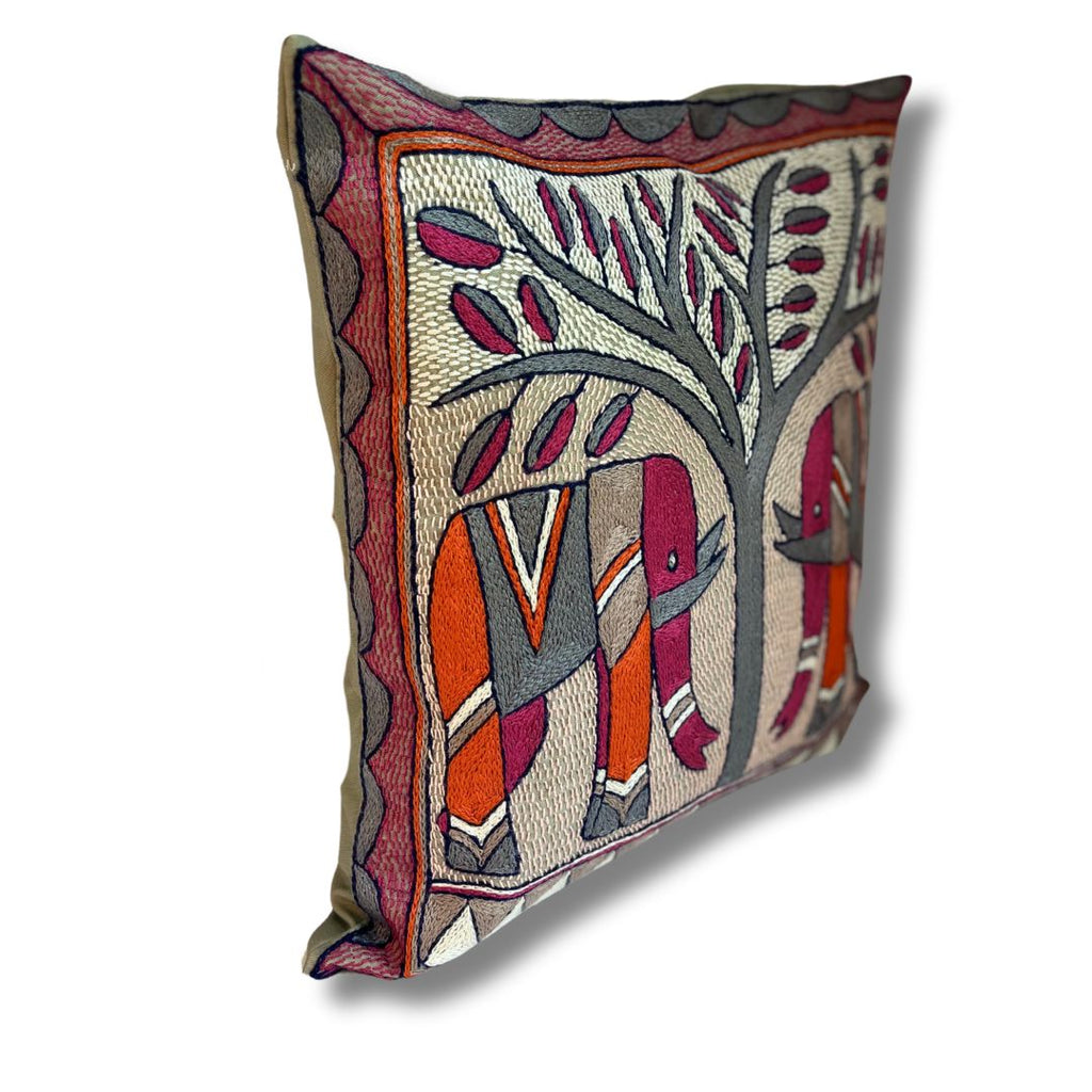 Ruby Sunset Elephant Pair Hand-Embroidered Cushion Cover