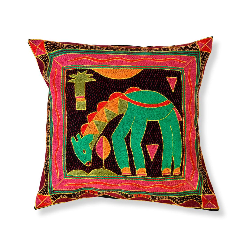 Shangaan Love Drinking Giraffe Hand-Embroidered Cushion Cover