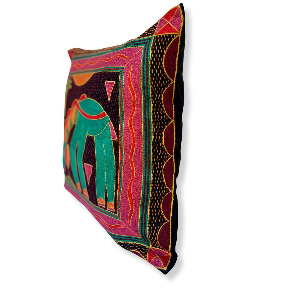 Shangaan Love Drinking Giraffe Hand-Embroidered Cushion Cover