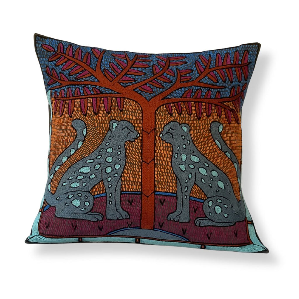 Bougainvillea Leopard Pair Hand-Embroidered Cushion Cover