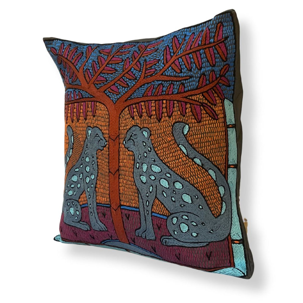 Bougainvillea Leopard Pair Hand-Embroidered Cushion Cover