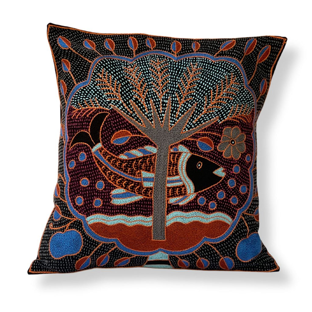Bougainvillea Fish in a Cloud Hand-Embroidered Cushion Cover