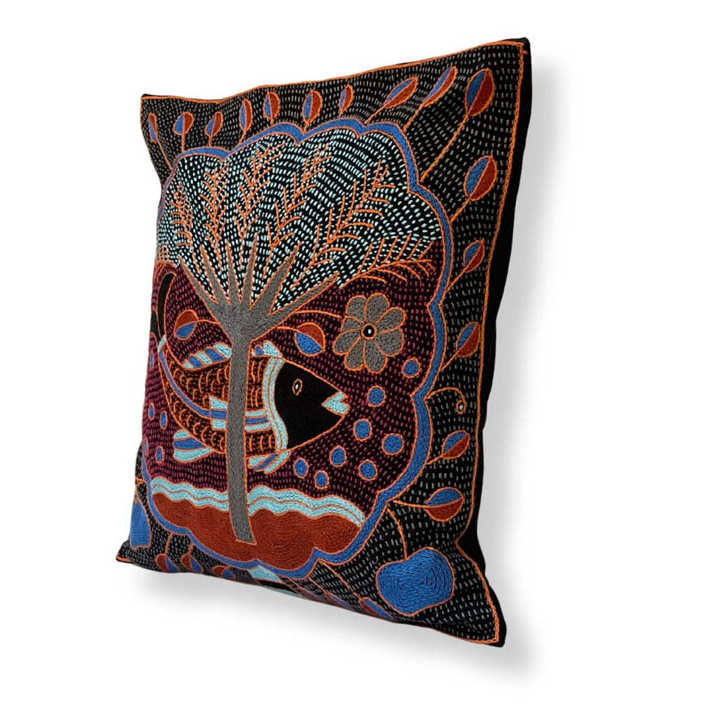 Bougainvillea Fish in a Cloud Hand-Embroidered Cushion Cover
