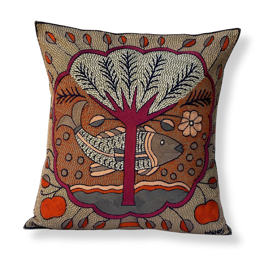 Ruby Sunset Fish in a Cloud Hand-Embroidered Cushion Cover