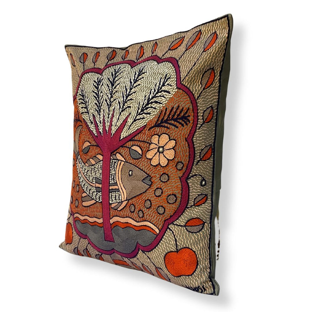 Ruby Sunset Fish in a Cloud Hand-Embroidered Cushion Cover