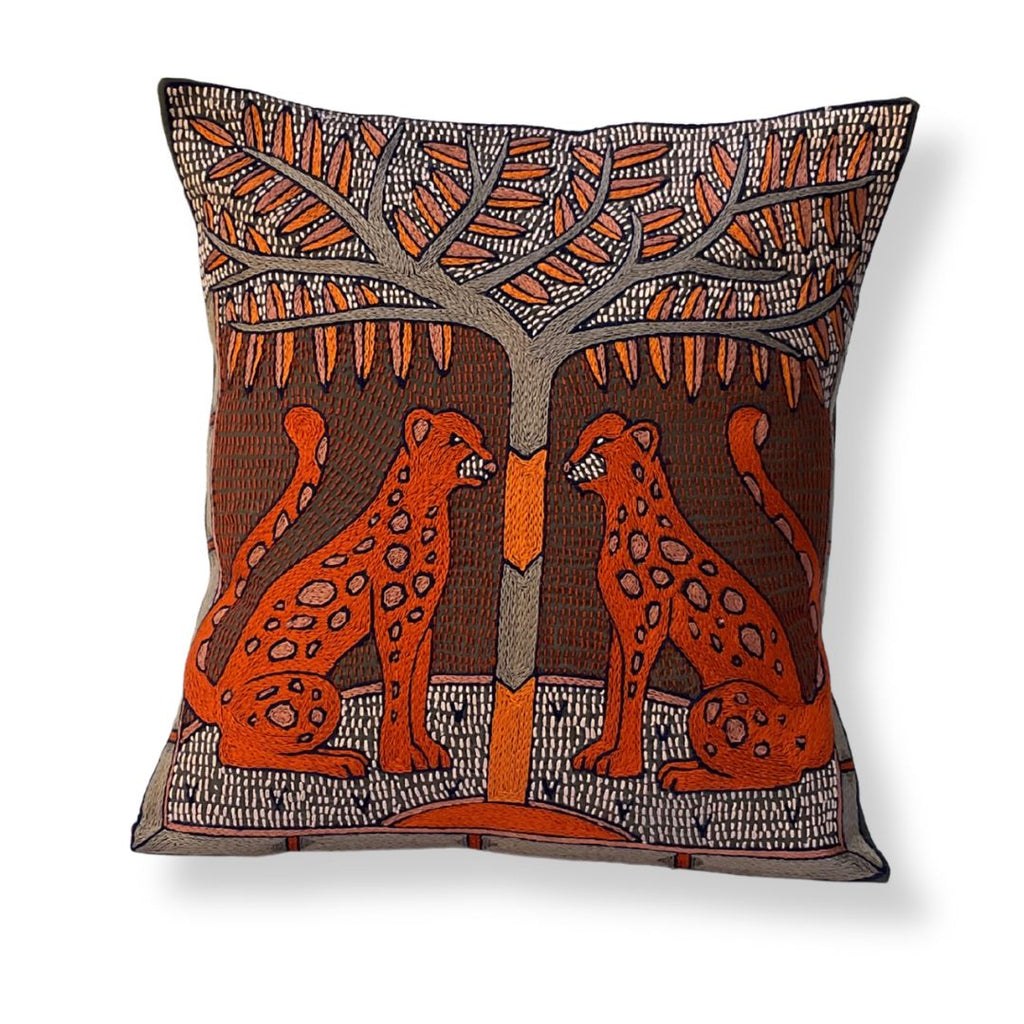 Valencia Leopard Pair Hand-Embroidered Cushion Cover