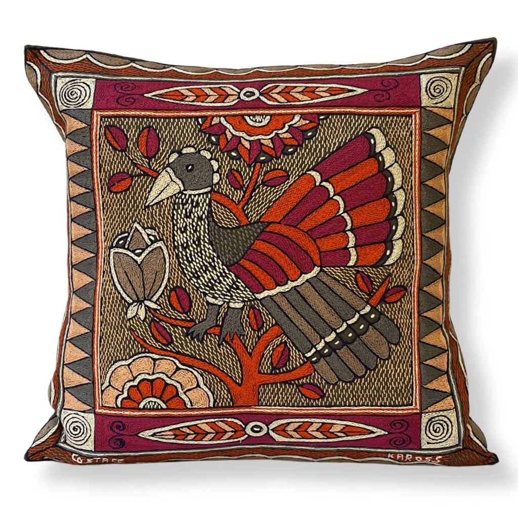 Ruby Sunset Bird in a Tree Hand-Embroidered Cushion Cover