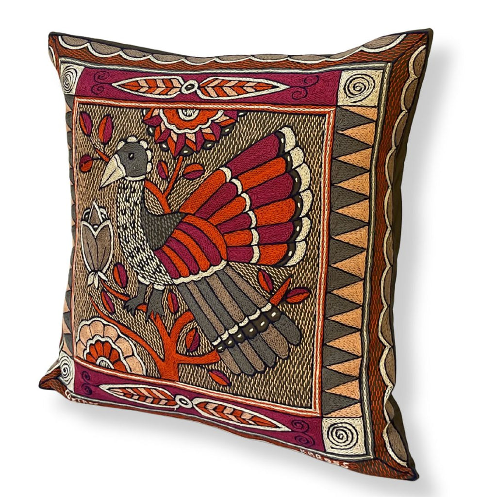 Ruby Sunset Bird in a Tree Hand-Embroidered Cushion Cover
