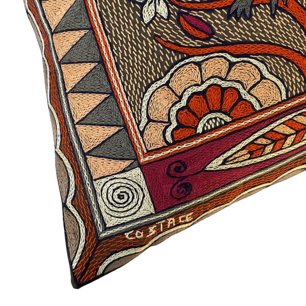Ruby Sunset Bird in a Tree Hand-Embroidered Cushion Cover