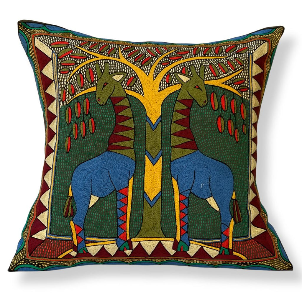 Viva Africa Giraffes Grazing Large Hand-Embroidered Cushion Cover