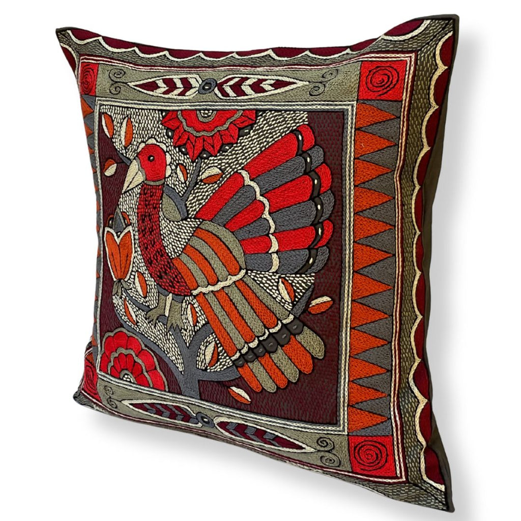 Royal Zulu Bird in a Tree Large Hand-Embroidered Cushion Cover