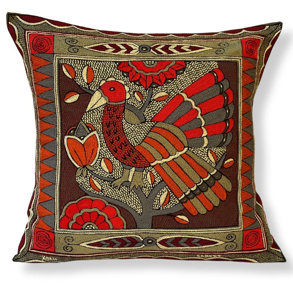 Royal Zulu Bird in a Tree Large Hand-Embroidered Cushion Cover