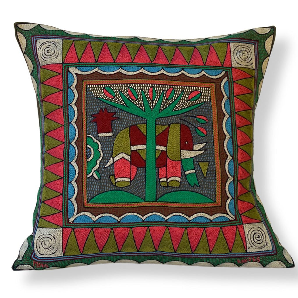Turaco Elephant behind a tree Large Hand-Embroidered Cushion