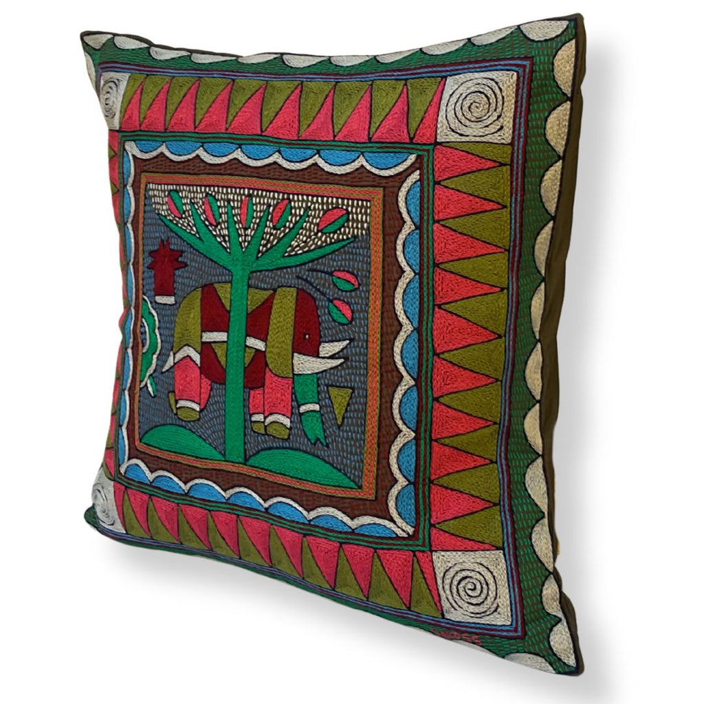 Turaco Elephant behind a tree Large Hand-Embroidered Cushion