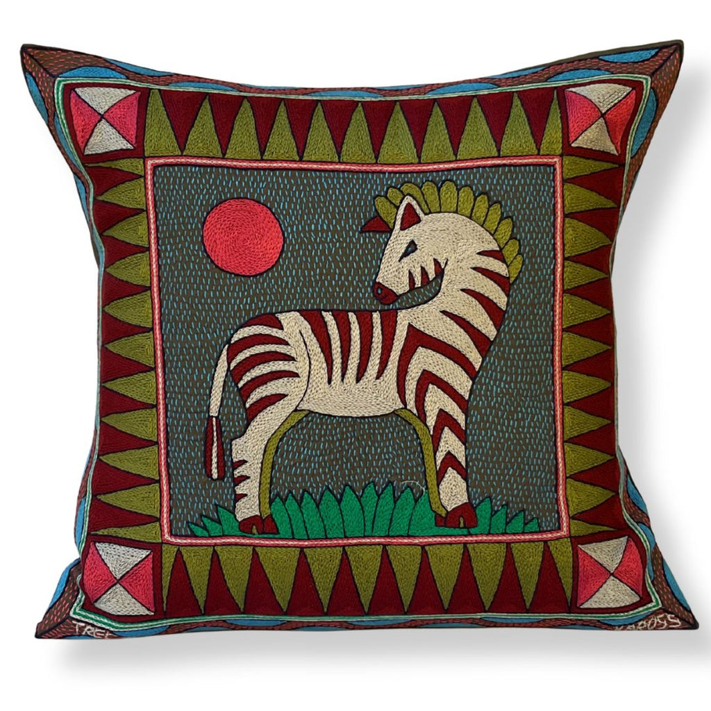Turaco Zebra Sunset Large Hand-Embroidered Cushion