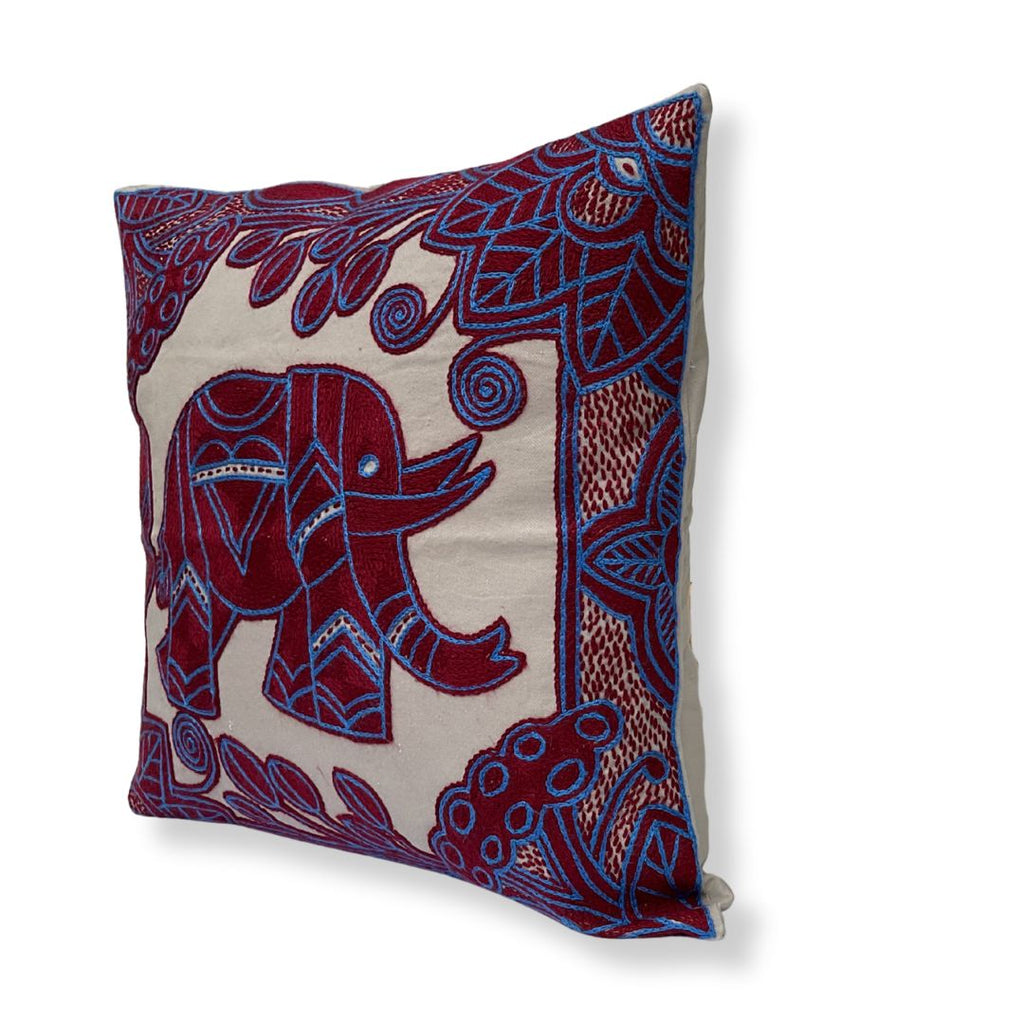 Turaco Elephant in Bloom Hand-Embroidered Cushion Cover