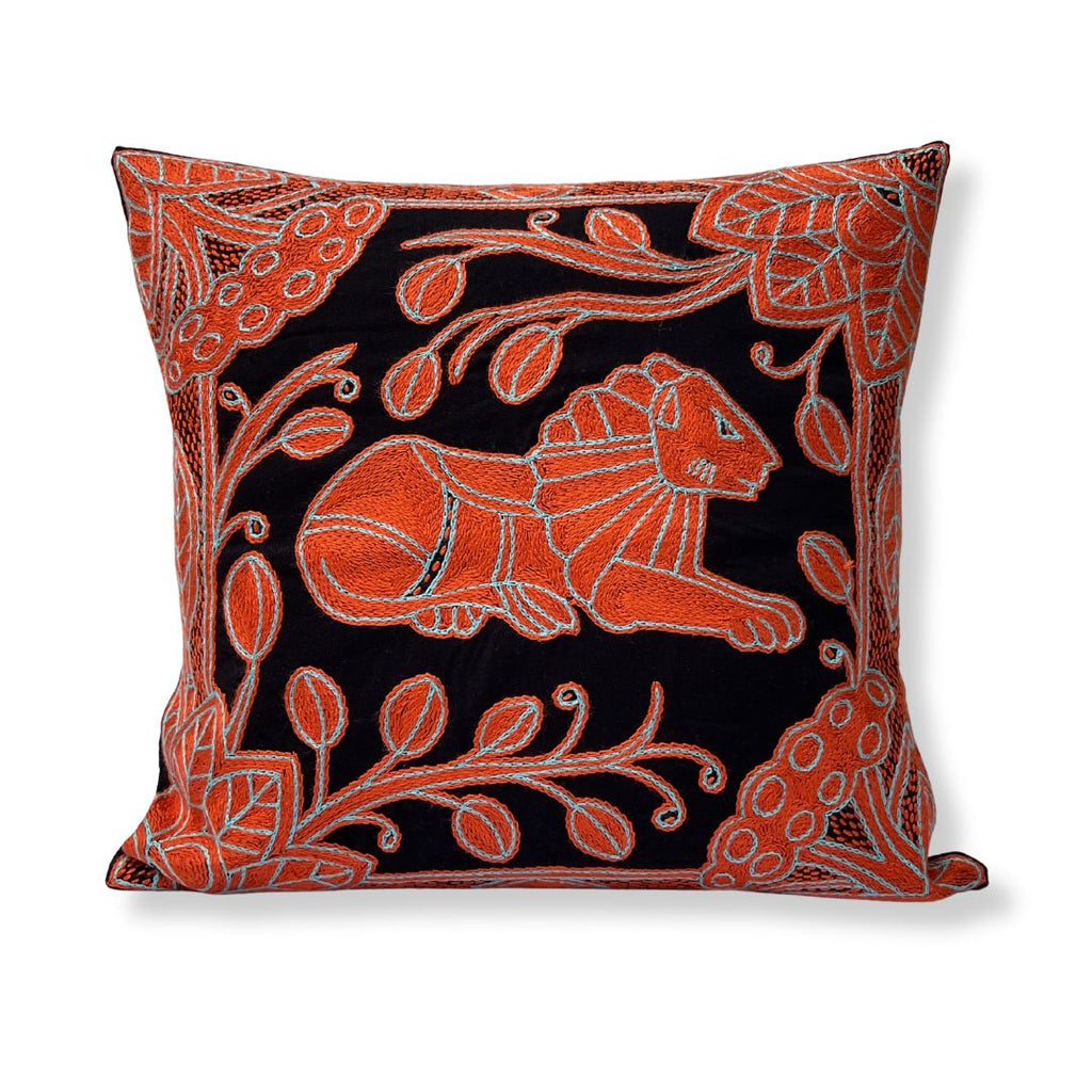 Valencia Lion in Bloom Hand-Embroidered Cushion Cover