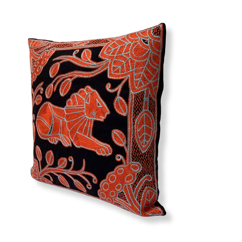 Valencia Lion in Bloom Hand-Embroidered Cushion Cover