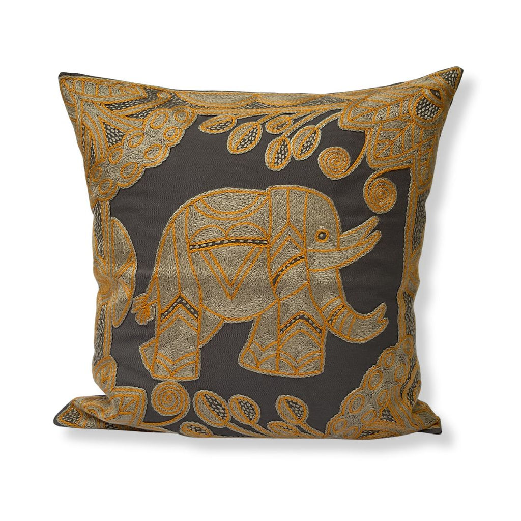 Ode to the African Savannah Elephant in Bloom Hand-Embroidered Cushion Cover
