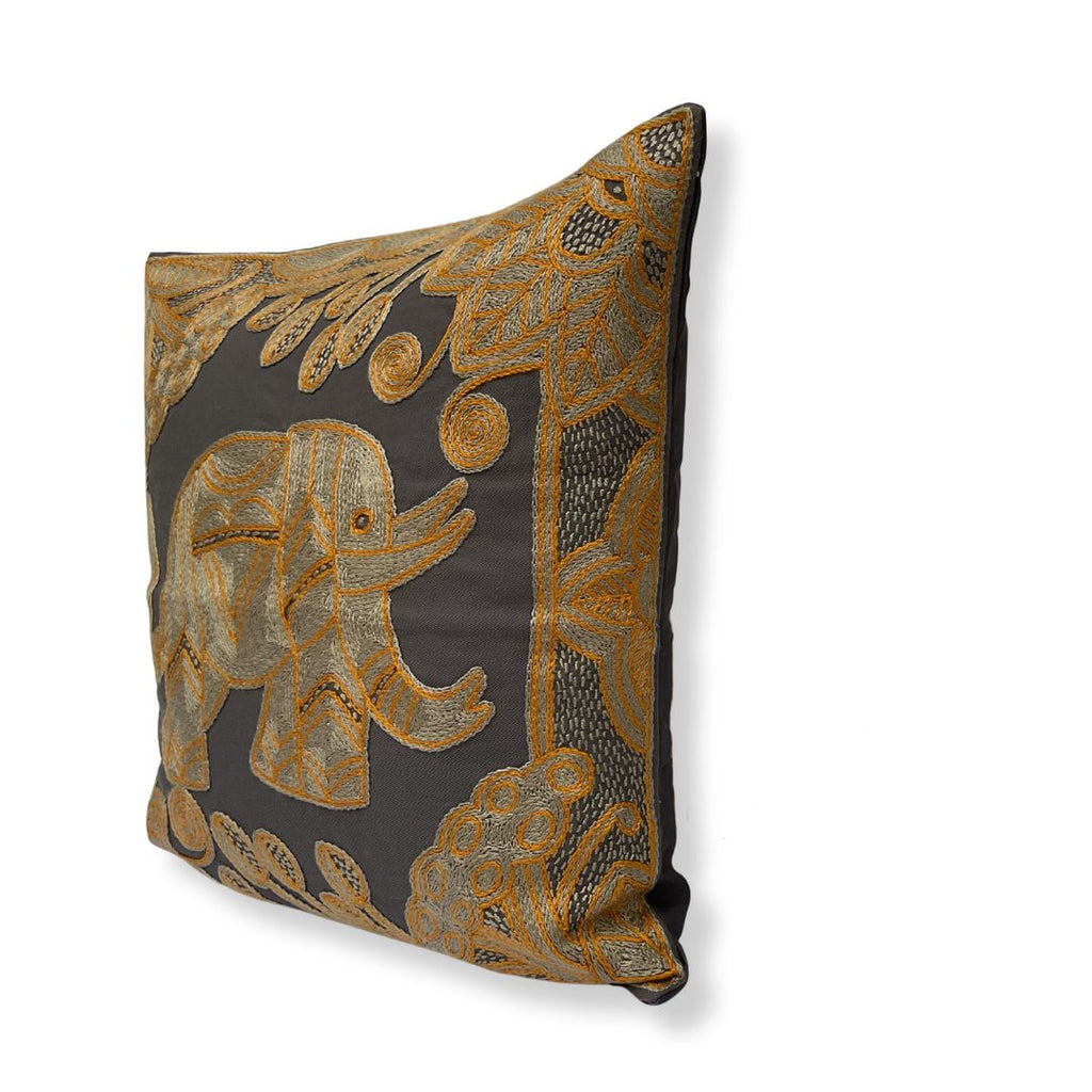 Ode to the African Savannah Elephant in Bloom Hand-Embroidered Cushion Cover