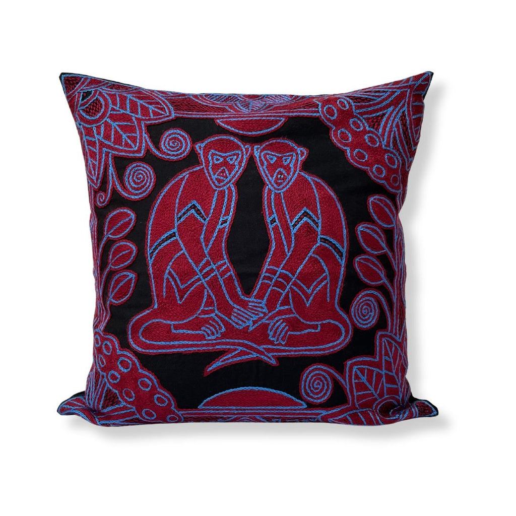 Turaco Vervet Monkeys in Bloom Hand-Embroidered Cushion Cover