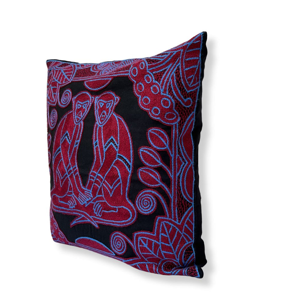 Turaco Vervet Monkeys in Bloom Hand-Embroidered Cushion Cover