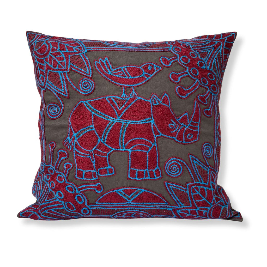 Turaco Rhino in Bloom Hand-Embroidered Cushion Cover