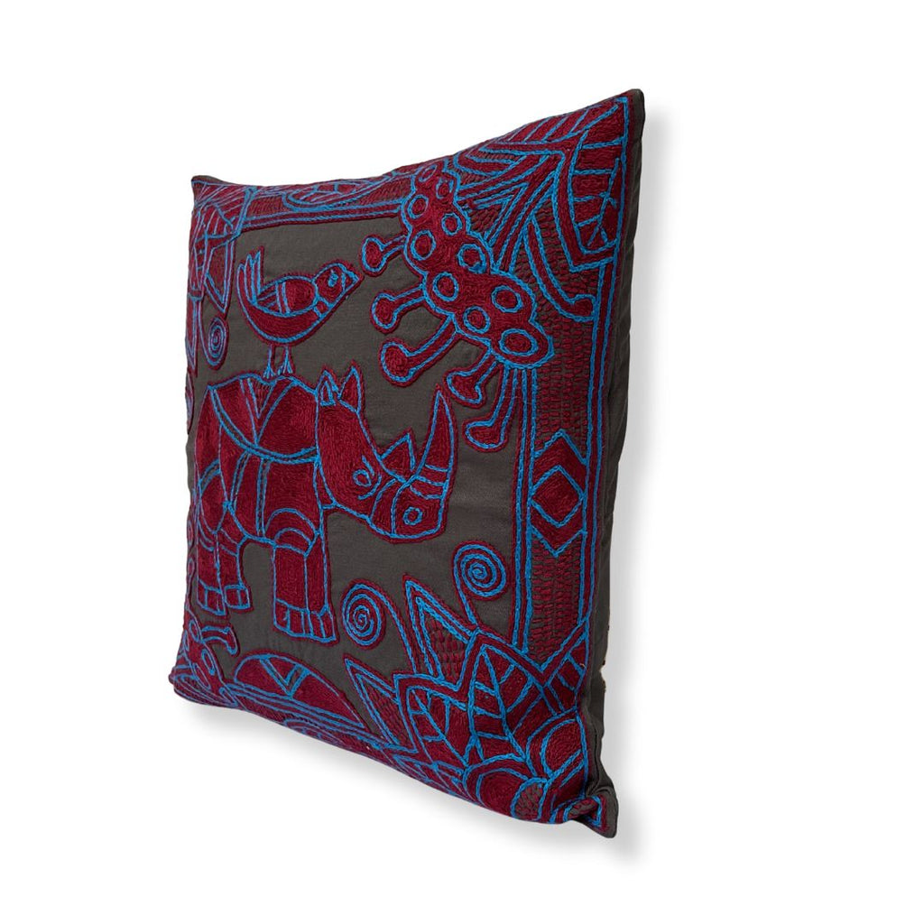 Turaco Rhino in Bloom Hand-Embroidered Cushion Cover
