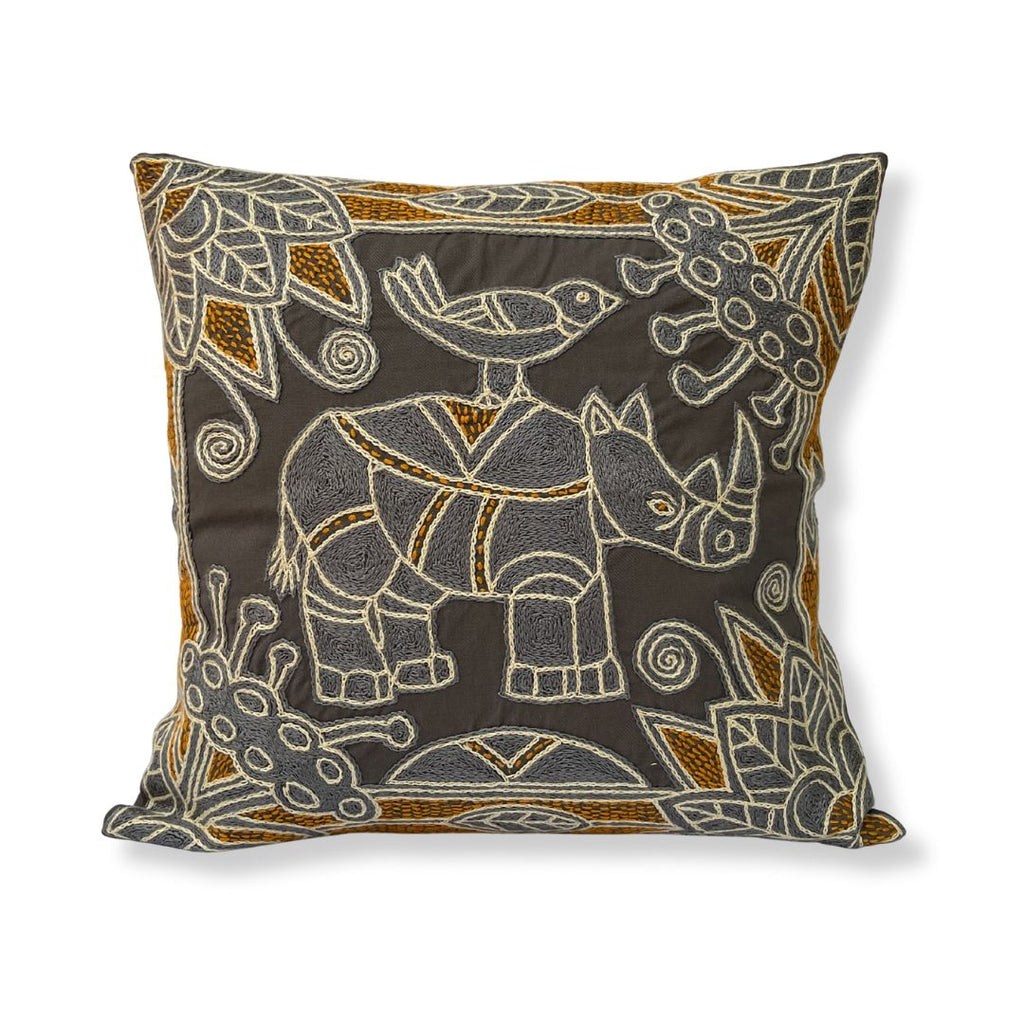 Ode to the African Savannah Rhino in Bloom Hand-Embroidered Cushion Cover
