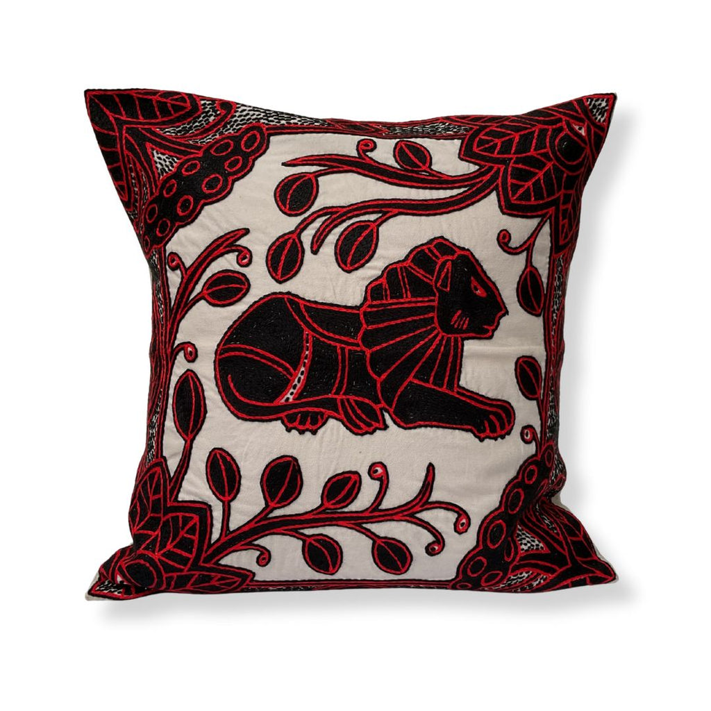 Royal Zulu Lion in Bloom Hand-Embroidered Cushion Cover