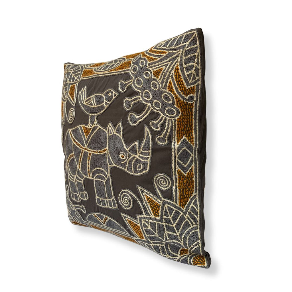 Ode to the African Savannah Rhino in Bloom Hand-Embroidered Cushion Cover