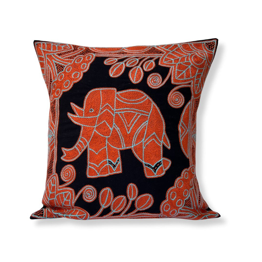 Valencia Elephant in Bloom Hand-Embroidered Cushion Cover