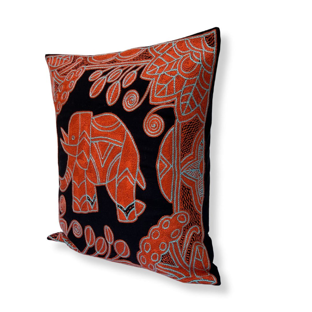 Valencia Elephant in Bloom Hand-Embroidered Cushion Cover