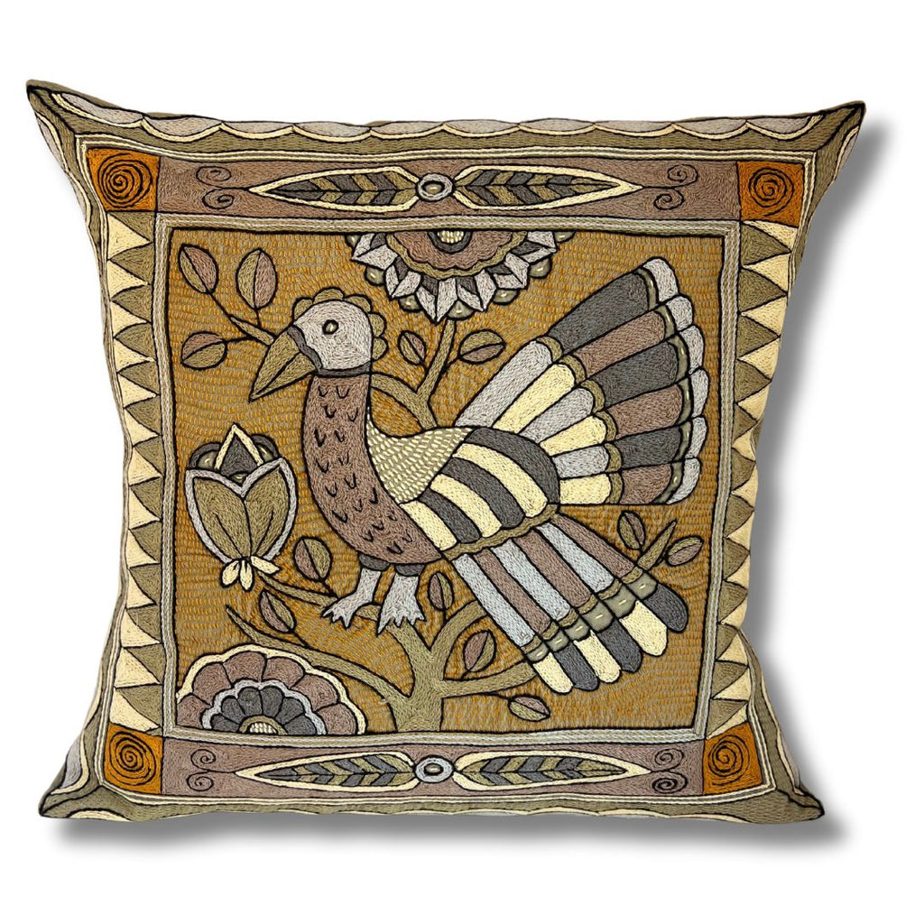 Ode to the African Savannah Bird in a Tree Large Hand-Embroidered Cushion