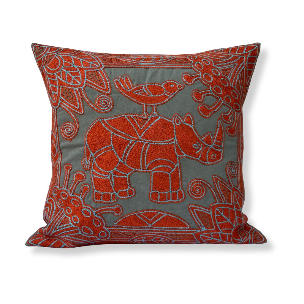 Valencia Rhino in Bloom Hand-Embroidered Cushion Cover
