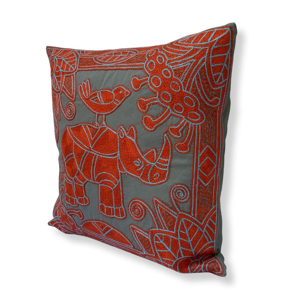 Valencia Rhino in Bloom Hand-Embroidered Cushion Cover