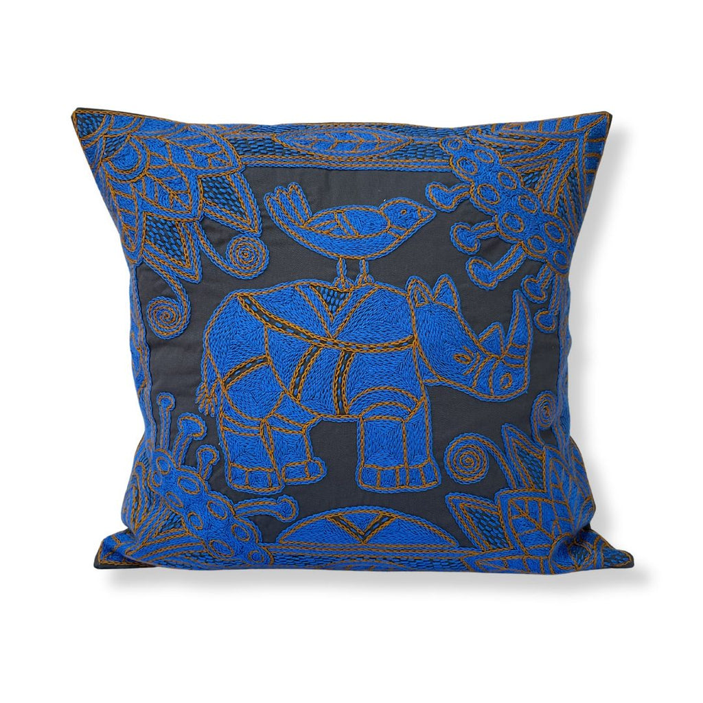 Delpht Rhino in Bloom Hand-Embroidered Cushion Cover