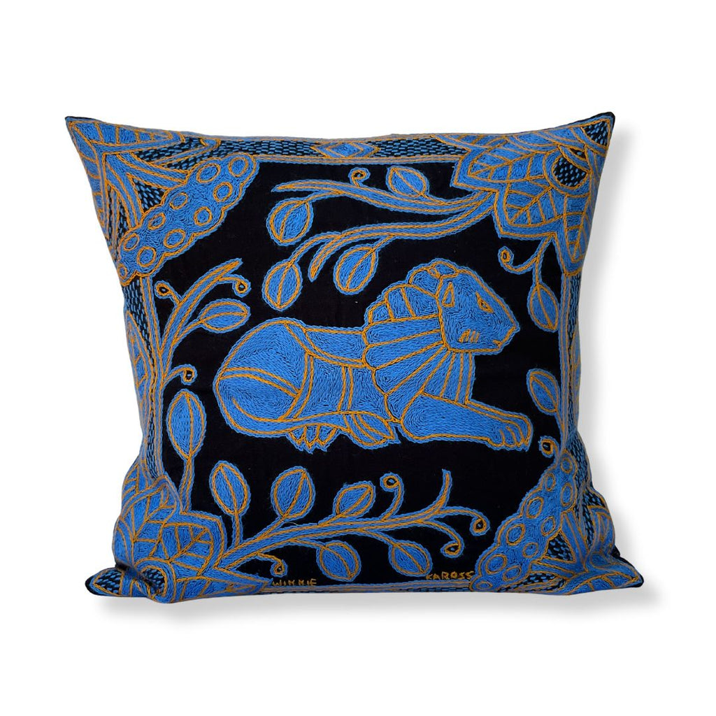 Delpht Lion in Bloom Hand-Embroidered Cushion Cover