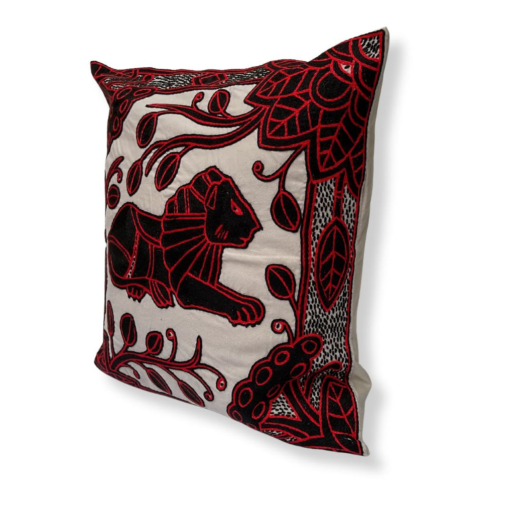 Royal Zulu Lion in Bloom Hand-Embroidered Cushion Cover
