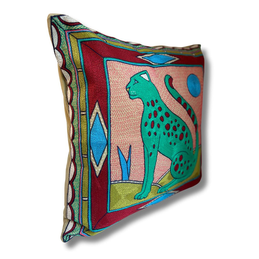 Turaco Leopard Large Hand-Embroidered Cushion