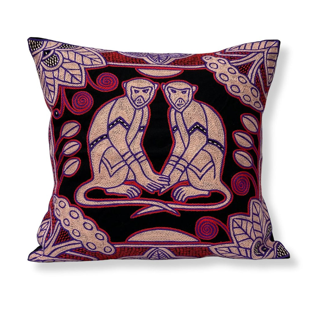 Happy Days Vervet Monkeys in Bloom Hand-Embroidered Cushion Cover